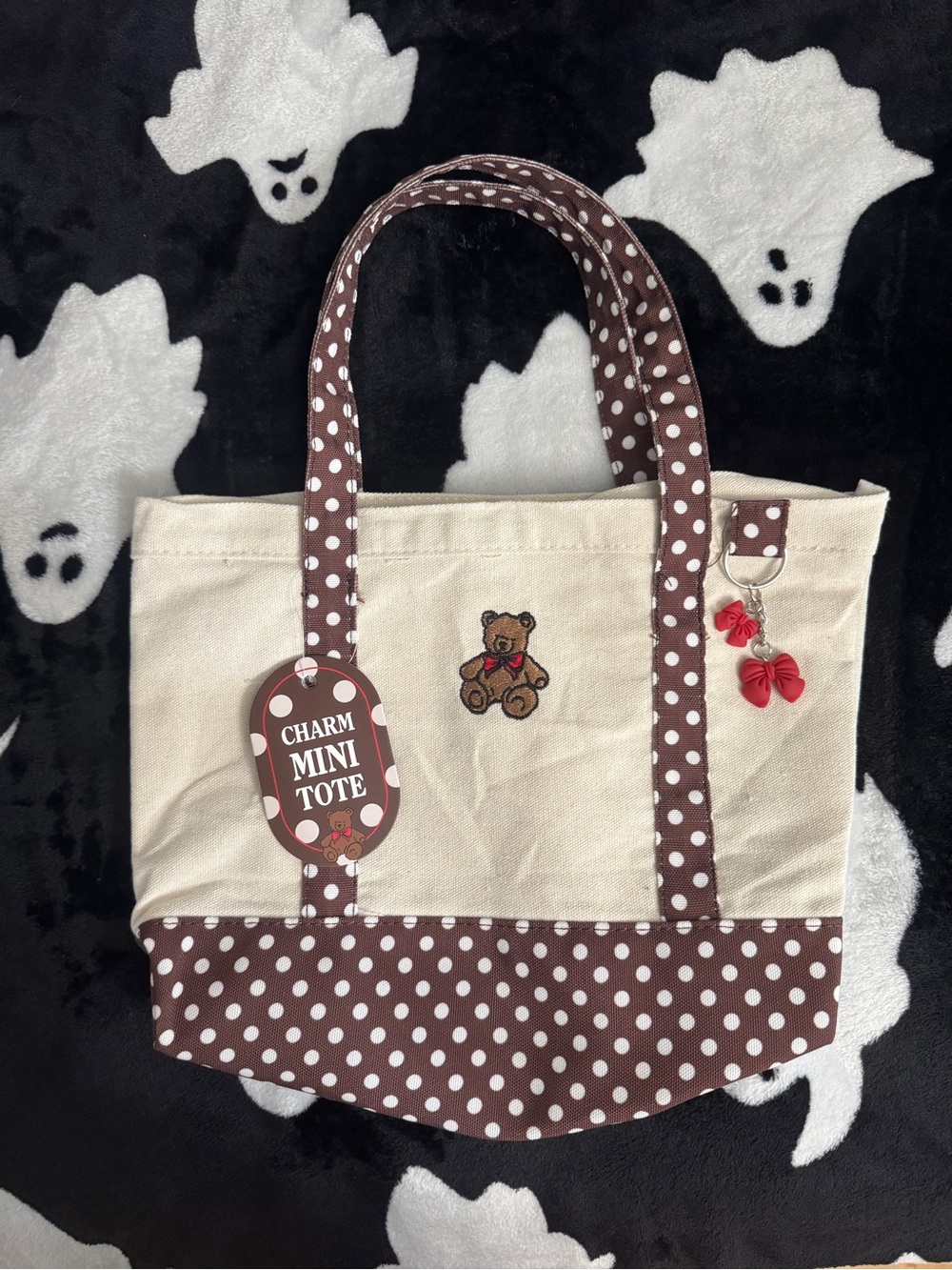 Mini Charm Tote with Teddy Embroidery 
Cream and Brown Polka Dot BNWT